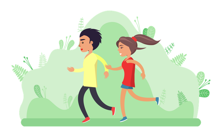 La pareja corre en el jardín.  Ilustración