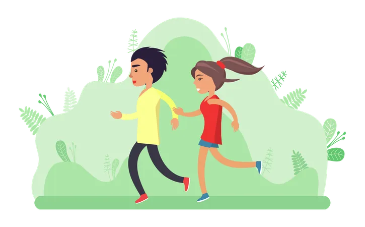 La pareja corre en el jardín.  Ilustración