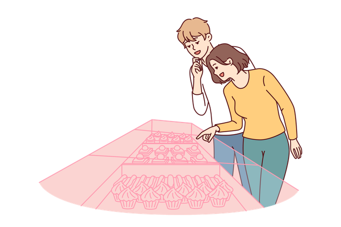 La pareja está seleccionando pastelitos de la panadería  Ilustración