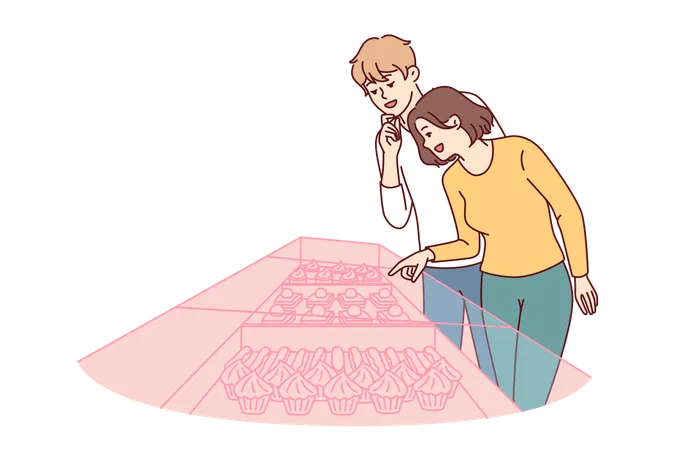 La pareja está seleccionando pastelitos de la panadería  Ilustración