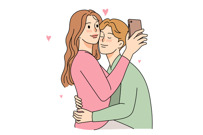 Una pareja feliz se abraza y se toma un selfie juntos  Ilustración
