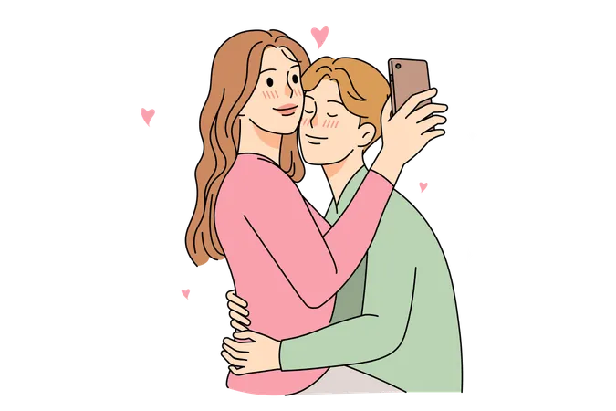 Una pareja feliz se abraza y se toma un selfie juntos  Ilustración