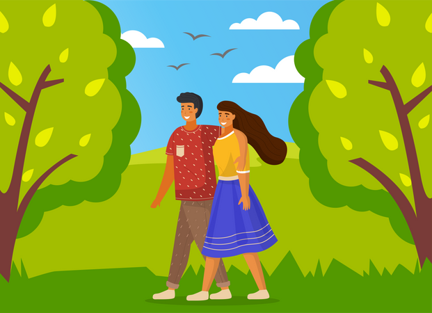 Feliz pareja caminando en el parque  Ilustración