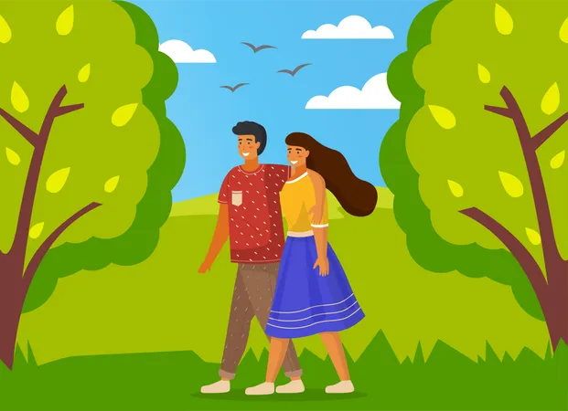 Feliz pareja caminando en el parque  Ilustración