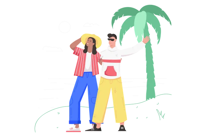 Feliz pareja caminando por la playa  Ilustración