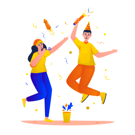 Feliz pareja celebrando el año nuevo  Ilustración