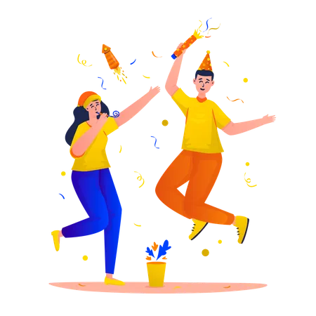 Feliz pareja celebrando el año nuevo  Ilustración