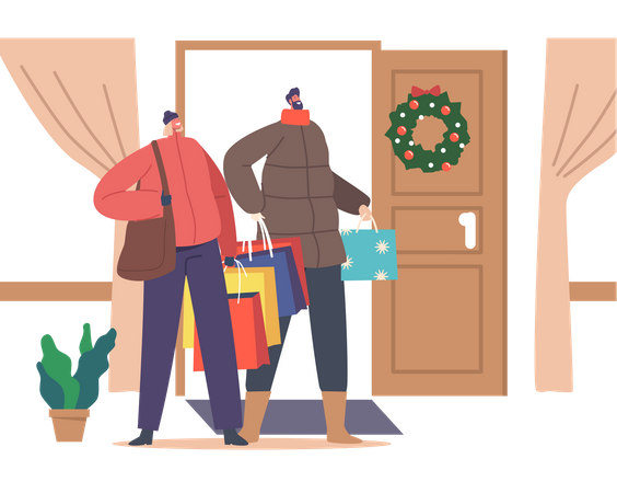 Pareja feliz con bolsas de compras en la puerta de casa de los padres  Ilustración