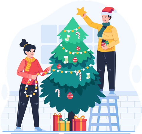 Feliz pareja decorando árbol de Navidad juntos  Ilustración