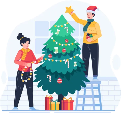 Feliz pareja decorando árbol de Navidad juntos  Ilustración