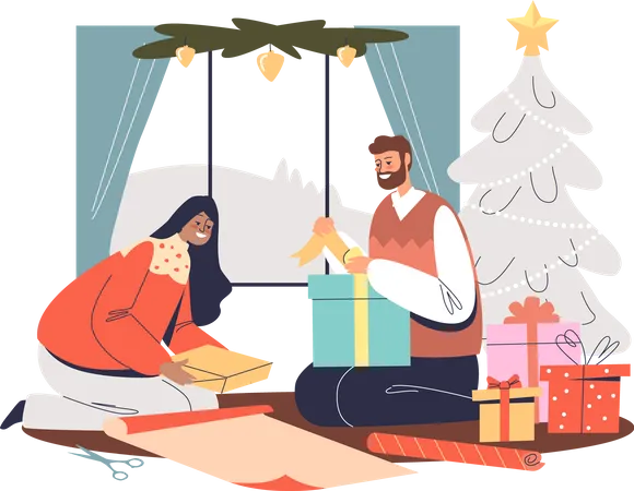 Feliz pareja envolviendo regalos para Navidad sentados juntos en el pino de Navidad decorado  Ilustración