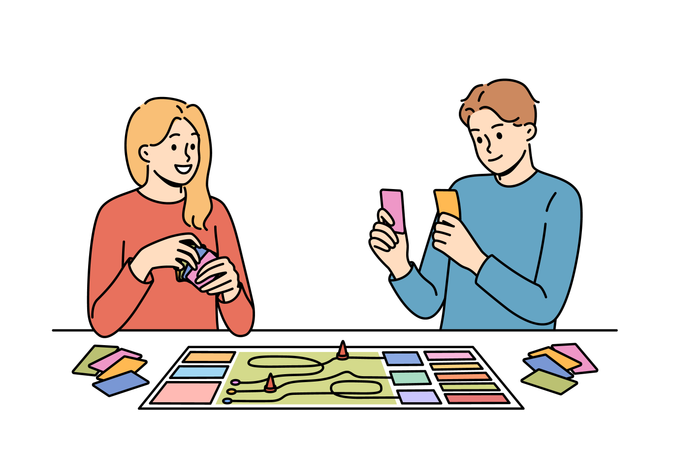 Pareja feliz jugando a un juego de mesa mientras pasan tiempo libre juntos y se divierten después de la jornada laboral.  Illustration