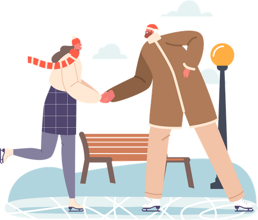 Feliz pareja patinando en la pista de hielo de la ciudad  Ilustración