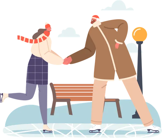 Feliz pareja patinando en la pista de hielo de la ciudad  Ilustración