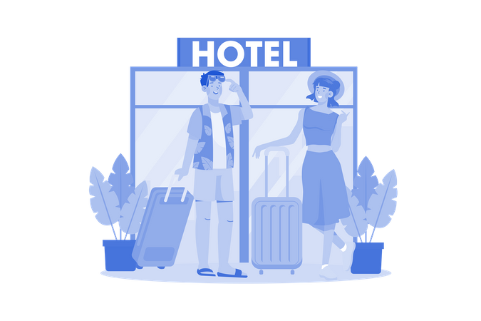 Feliz pareja reservando habitación de hotel para vacaciones  Ilustración