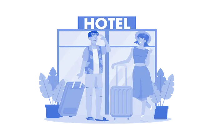 Feliz pareja reservando habitación de hotel para vacaciones  Ilustración