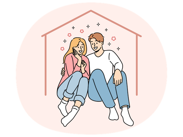 Pareja feliz sentada en una casa imaginaria soñando con una hipoteca y comprar una propiedad propia  Ilustración