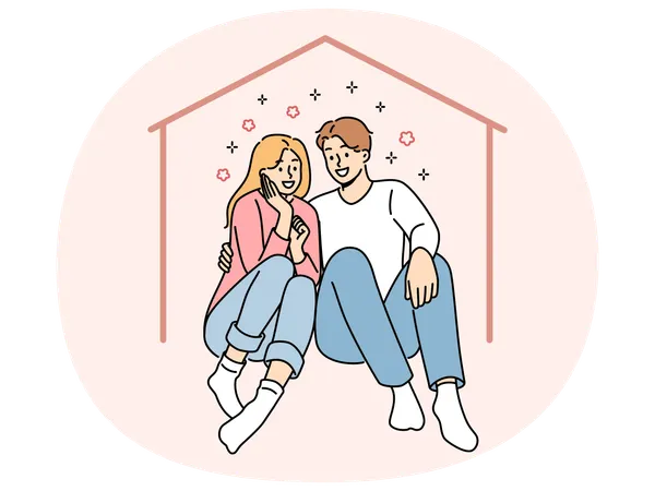 Pareja feliz sentada en una casa imaginaria soñando con una hipoteca y comprar una propiedad propia  Ilustración
