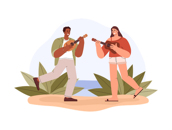 Pareja feliz tocando el ukelele en la playa  Ilustración