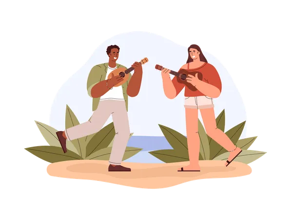 Pareja feliz tocando el ukelele en la playa  Ilustración