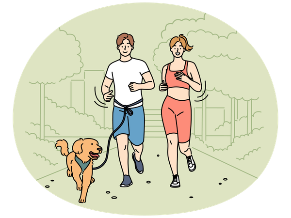 Pareja feliz trotando en el parque con perro  Ilustración