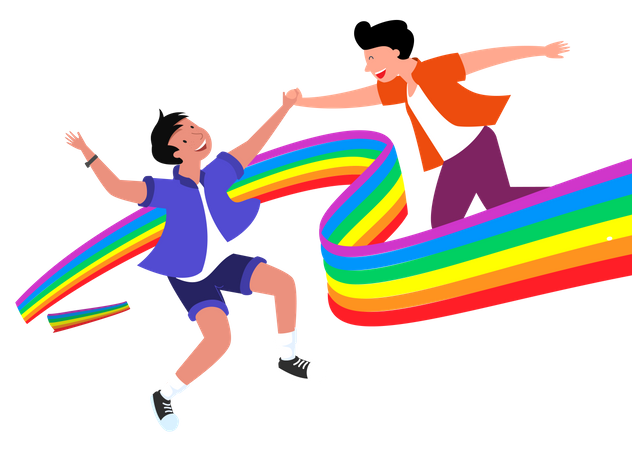 Pareja gay con bandera del orgullo  Ilustración