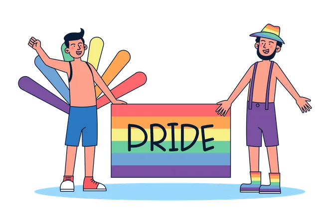 Pareja gay con bandera del orgullo  Ilustración