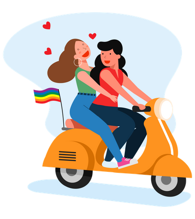 Una pareja gay femenina montando scooter juntos  Ilustración