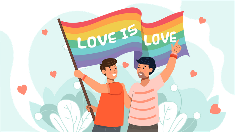Pareja gay sosteniendo bandera LGBT  Ilustración