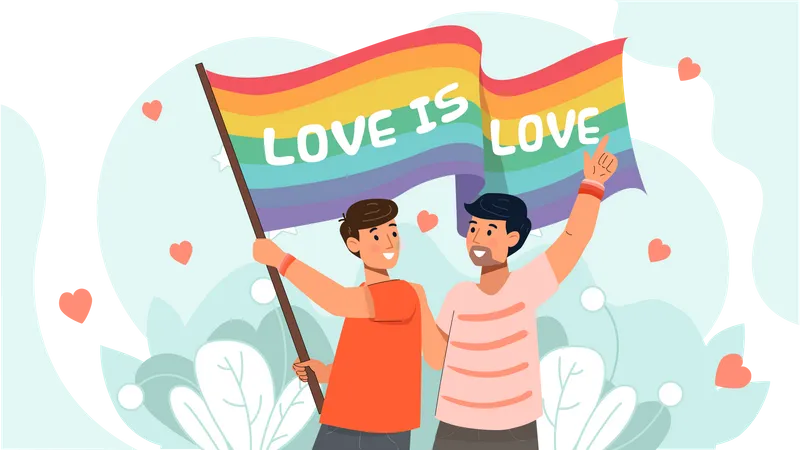 Pareja gay sosteniendo bandera LGBT  Ilustración