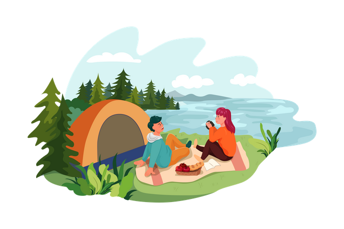 Pareja haciendo camping en Riverside  Ilustración