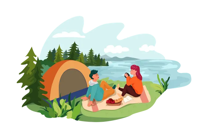 Pareja haciendo camping en Riverside  Ilustración