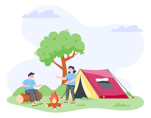 Pareja haciendo camping  Ilustración