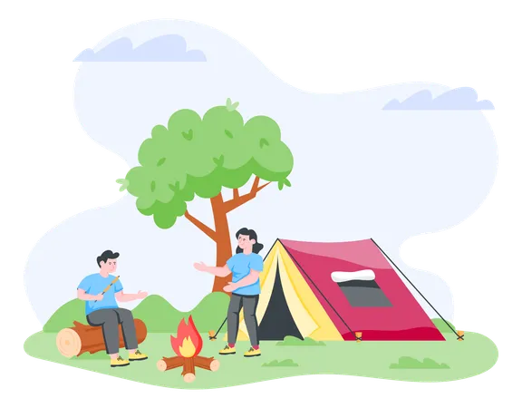 Pareja haciendo camping  Ilustración