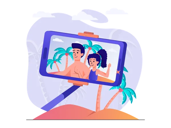 Pareja haciendo clic en selfie en la playa  Ilustración