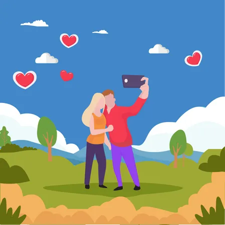 Pareja haciendo clic en selfie en el día de san valentín  Ilustración