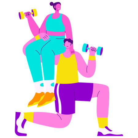 Pareja haciendo ejercicio en el gimnasio  Ilustración