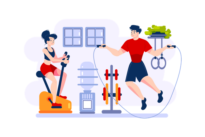 Pareja haciendo ejercicio en el gimnasio.  Illustration