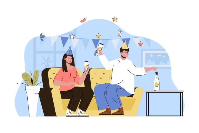 Pareja haciendo fiesta de cumpleaños en casa  Ilustración