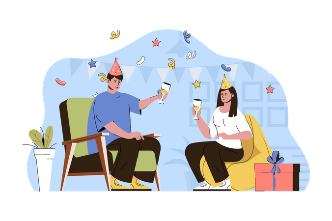 Pareja haciendo fiesta de cumpleaños  Ilustración