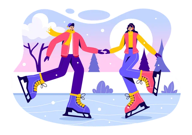 Pareja haciendo patinaje sobre hielo en pista de hielo  Ilustración