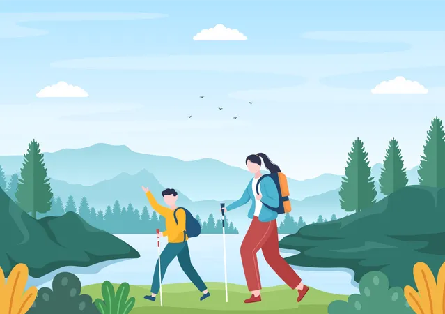 Tour De Aventura Sobre El Tema De Escalada Trekking Caminatas Caminatas O Vacaciones Con Vistas Al Bosque Y A La Montana En La Ilustracion De Un Cartel De Fondo De Naturaleza Plana Ilustración