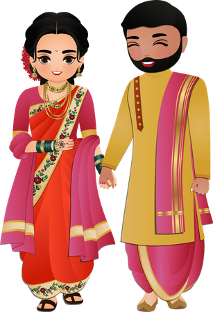 Pareja hindú con ropa de matrimonio tradicional  Ilustración