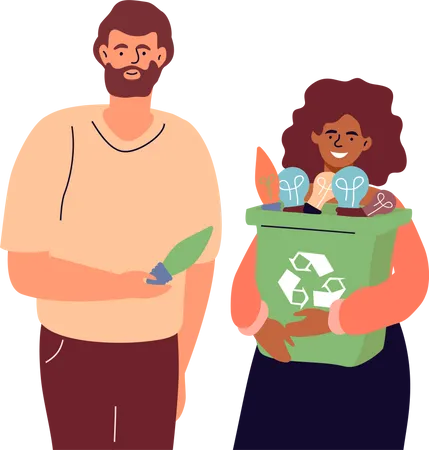 Pareja sosteniendo papelera de reciclaje  Ilustración