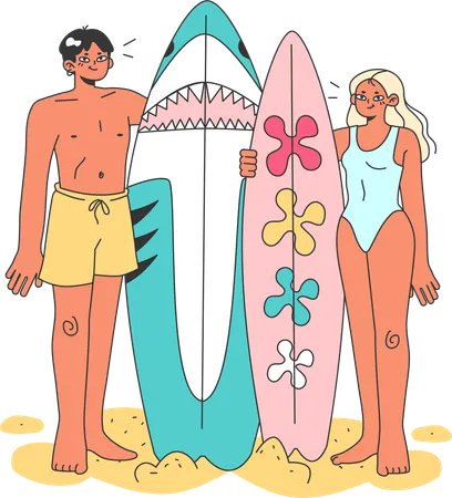 Pareja sosteniendo tabla de surf  Ilustración