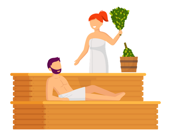 Pareja humeante en sauna  Ilustración