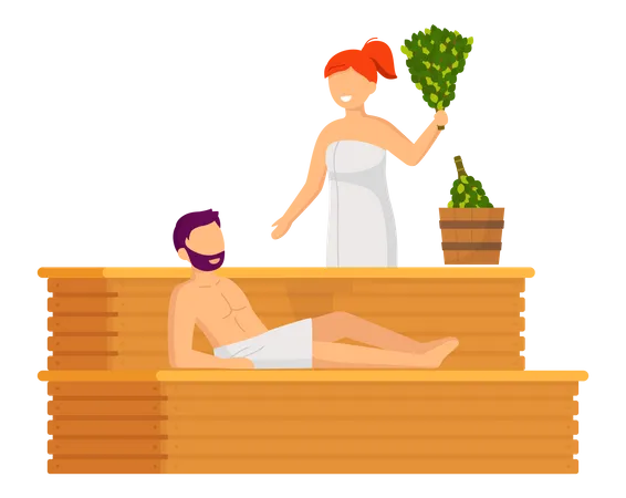 Pareja humeante en sauna  Ilustración