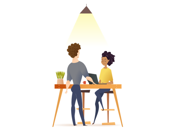 Pareja independiente trabaja junto a la mesa en un espacio de trabajo conjunto  Ilustración