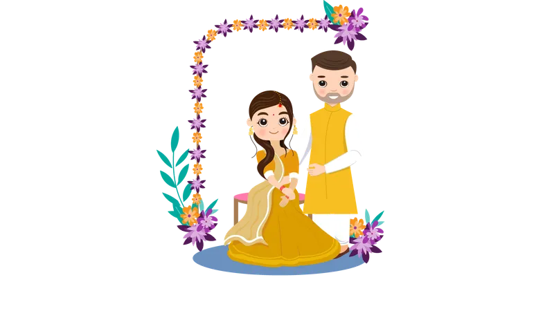 Una pareja india asiste al evento Haldi vestida de amarillo  Ilustración