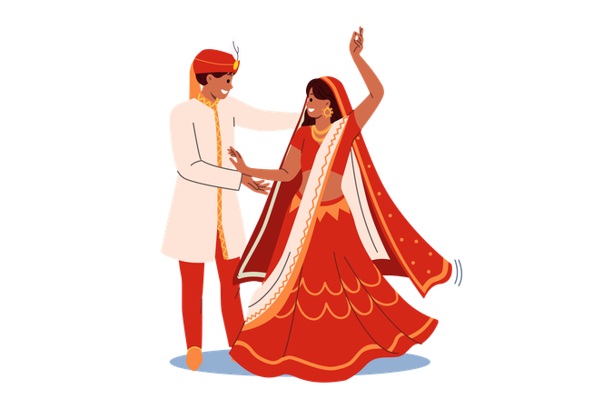 Una pareja india baila un baile nupcial con ropa nacional realizando un rito tradicional de la cultura hindi  Ilustración